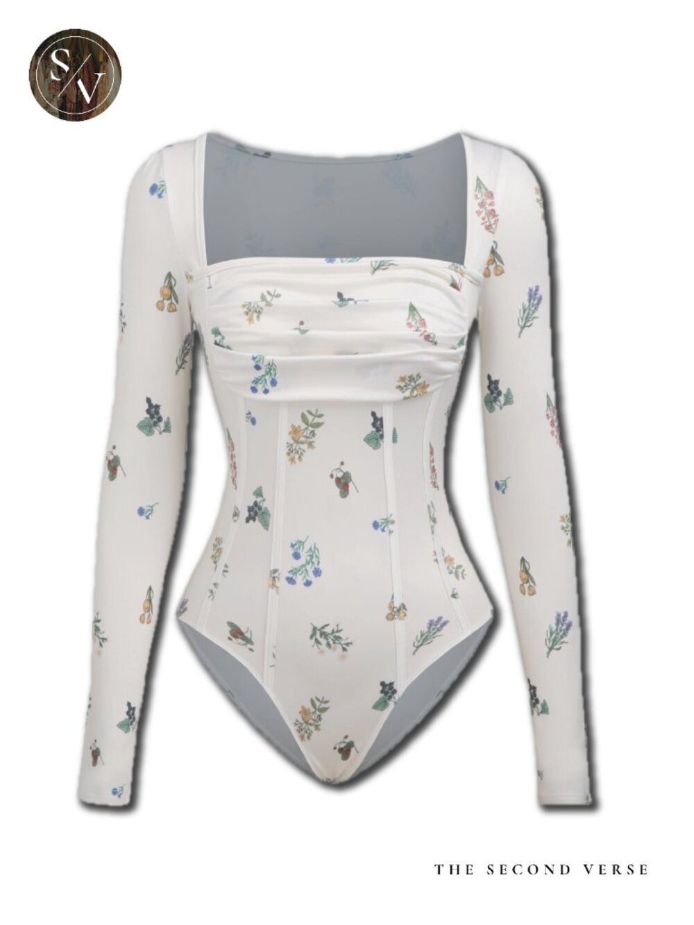 NWT Cider Long Sleeve Ruched Cottagecore Ditsy Floral Ivory Corset Bodysuit - Picture 8 of 11